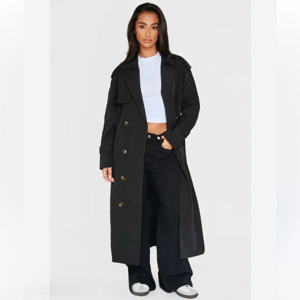 Gallery Vintage Black Long Floor Length Button Down Collared Trench Coat Small - Picture 4 of 11